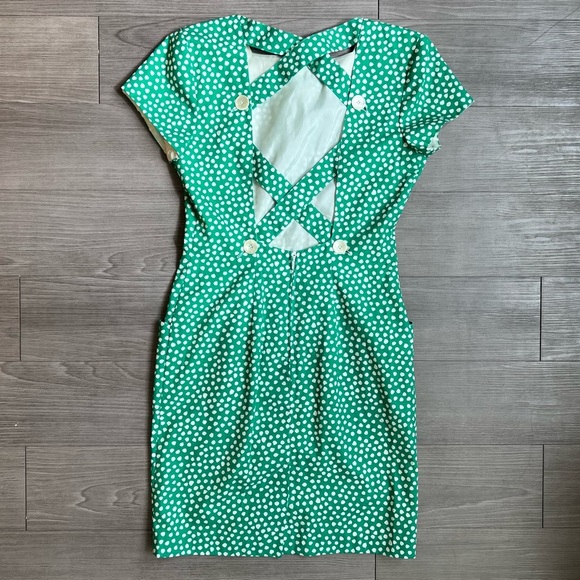 Vintage 80s Abstract Polka Dot Button Cross Back Square Neck Midi Dress Size 8 - Picture 2 of 7